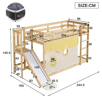Zdjęcie produktu dla Łóżko piętrowe dla dzieci - Łóżko dziecięce - Łóżko piętrowe - Łóżko półpiętrowe - Łóżko dziecięce z zjeżdżalnią - Wykonane z MDF i sosny
