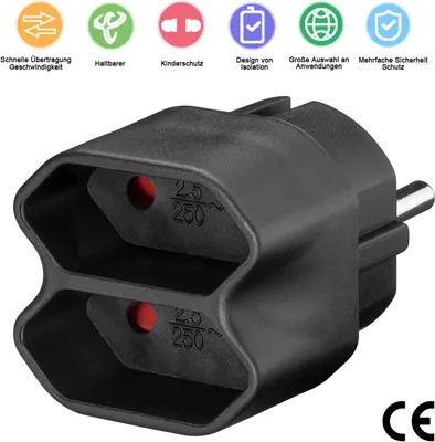 A black electrical adapter with multiple sockets, shown against a white background with feature icons and text above.