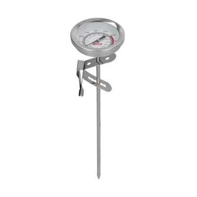 A stainless steel food thermometer with a dial and probe.