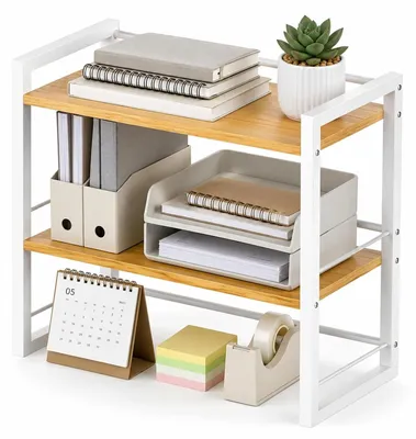 Image de Organisateur de bureau à deux niveaux avec étagère en bois