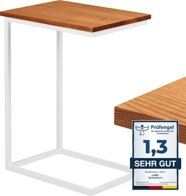 Produktbild von LAMO Manufaktur Beistelltisch | Laptoptisch | Sofatisch | mobiler Kaffeetisch | Nachttisch | 50x35x67 cm | Gestell Weiß | 100% Echtholz Massiv Platte farbe: Rustikal