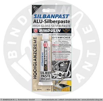 Produktbild von Bindulin Alu-Silberpaste / Metall-Mattierung & Herdpflege Elektroplatten-Paste, hitzebeständig, silber (45 g Tube) inkl. Microfasertuch und 1 Paar Nitrilhandschuhe