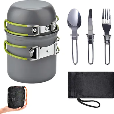 Produktbild von Camping Kochset für 1–2 Personen, tragbares Outdoor Kochgeschirr Set mit Besteck,Wanderutensilien, Aluminium & Edelstahl Kochausrüstung