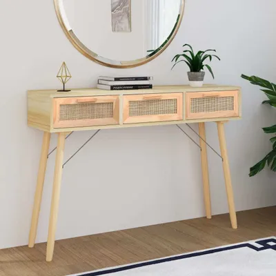 Zdjęcie produktu dla vidaXL Stolik konsola brązowy 105x30x75 cm lite drewno sosna naturalny rattan - Stolik konsola - Stoliki - Stolik - Stolik do korytarza