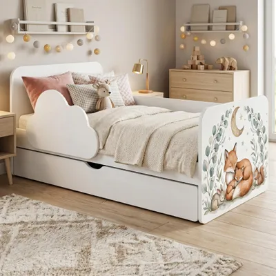 Immagine prodotto di Lettino a tema e lettino junior 160x80 cm bianco | Con materasso e vano portaoggetti inclusi | Lettino sicuro per bambini piccoli "Nuvola", con volpi colorate