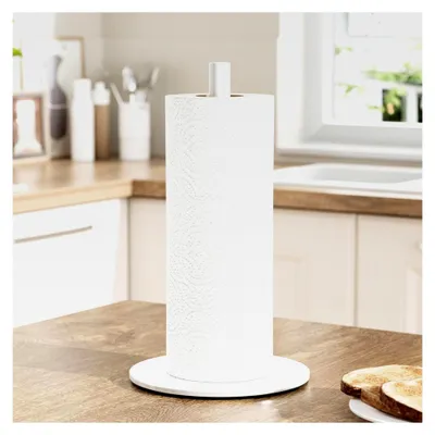 Produktbild von Weißer Küchenrollenhalter Stehend Serviettenhalter für Toilettenpapier Aufbewahrung, Edelstahl Küchenorganizer Rollenhalter