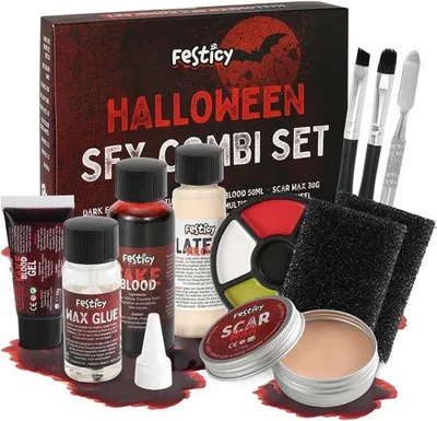 Obrázek produktu pro Kompletní sada pro tvorbu speciálních efektů na Halloween – včetně make-upu na jizvy, umělé krve, latexu a doplňků – vhodná pro zábavné i strašidelné kostýmy