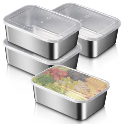 Zdjęcie produktu dla Zestaw 4 pojemników na lunch ze stali nierdzewnej z pokrywkami, idealnych do przechowywania żywności
