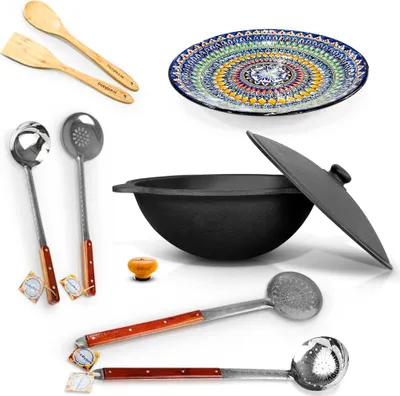 Produktbild von Kazan Gusseisen 22 L Holzgriff Uzbekisch Kochtopf Schaumlöffel WOK Plov Lagan