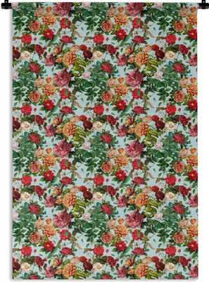 Produktbild von MuchoWow® Wandteppich Wandbehang Blumen - Muster - Rot 120x180 cm Tapisserie Dekoration Wandtuch - Schlafzimmer - Dekorationen für das Haus