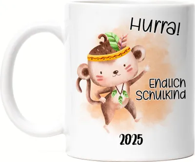 Produktbild von Endlich Schulkind 2025 Affe Tasse Weiß Einschulung 2025 Enkel Enkelin Schulanfang Schuleinführung