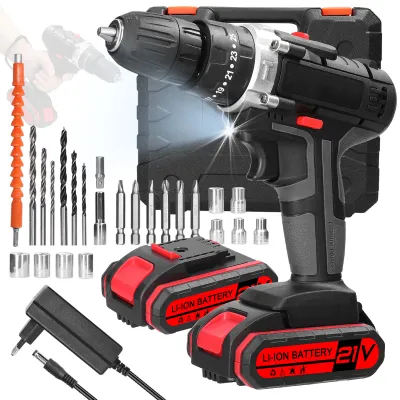 Produktbild von 3in1 21V Schlagbohrmaschine Akkuschrauber Bohrmaschine Set, 25 Gänge einstellbarem Drehmoment, stufenlose Drehzahlregelung, Drehmöglichkeiten, 2 Akkus