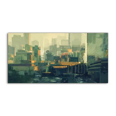 Produktbild von Coloray Glasbild 140x70  Wandbild Glasbilder Wolkenkratzern bei Sonnenuntergang