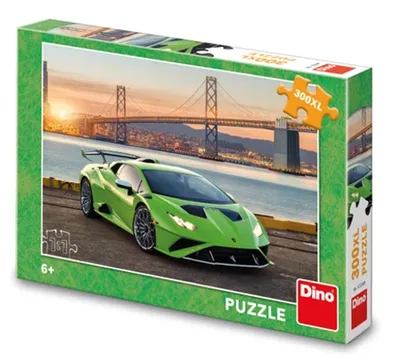 A box of DINO puzzles featuring a green Lamborghini car in front of a bridge.