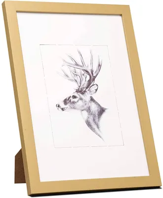 A gold-colored picture frame with a black and white drawing of a deer inside, displayed on a white background.