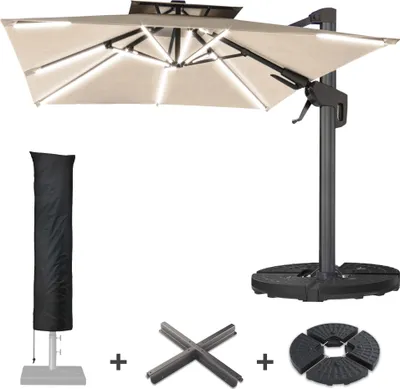 Produktbild von SUN PIETRO | Sonnenschirm | Quadratisch | B:T 300 x 300 cm | Taupe | LED | +Ständer & Hülle | Sonnenschirm, Gartenschirm, Ampelschirm, Balkonschirm