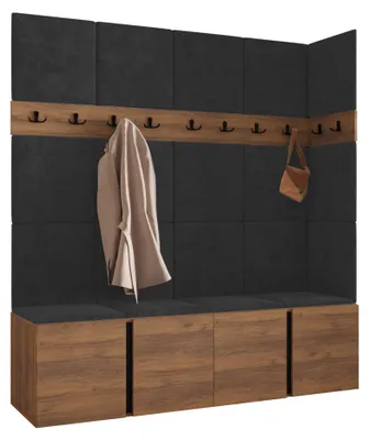 Produktbild von MIRJAN24 Garderoben-Set Orion II, Garderobe mit Sitzbank mit 19 x Wandpanel 42x42 (Farbe: Nuss Warmia, Polo 897), KI-generiertes Bild