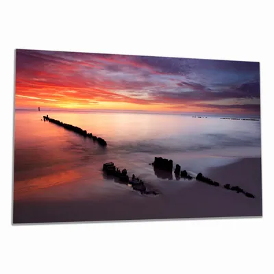 Produktbild von Wallario Herdabdeckplatte aus Glas, Größe 80 x 52 cm 1-teilig, Motiv Sandstrand im Sonnenuntergang - Roter Himmel