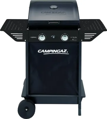 A black Campingaz gas grill wagon is shown against a white background.