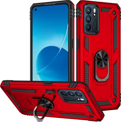 Image de Etui pour OPPO Reno6 5G étui de protection militaire double couche avec support d'anneau et support rouge