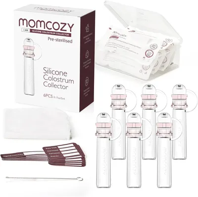 Obrázek produktu pro Momcozy, opakovaně použitelné sběrné nádobky na kolostrum – 6 kusů po 5 ml, bez BPA, s úložnou krabičkou a bavlněnými ubrousky