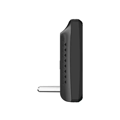 A side view of a black electronic device with a plug attached.