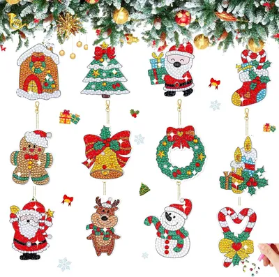Productafbeelding van Diamond painting Kerstmis 5D hangers - Set van 12 - Doe-het-zelf diamant kerstman schilderij sleutelhanger