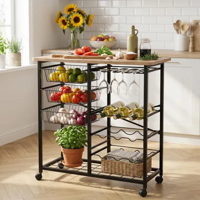 Produktbild von Carenza Home Küchenwagen Servierwagen Barwagen rollbar, Mobile Bar mit Weinregal Gläserhalter 3 Drahtkörbe, Industrial Eiche schwarz, 90 x 40 x 90