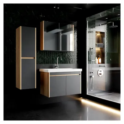 Produktbild von Badmöbel Set 80 cm Breite Dallas | 4-teiliges Badezimmermöbelset in Eiche und Anthrazit | Waschtischunterschrank, Spiegelschrank, Hochschrank und Waschbecken | Hängender Waschtisch mit Unterschrank in 80