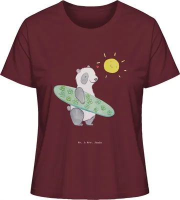 Produktbild von Mr. & Mrs. Panda Oberteil Damen Panda Surfen Größe L - Burgundy - Geschenk, Wellenreiten, Basic T-Shirt, Baumwollshirt, Surfschule, Kurzarm, Shirt Mit Print