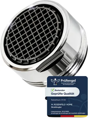 Zdjęcie produktu dla M. ROSENFELD HOME Nasadka do kranu z napowietrzaczem do kuchni i łazienki M24 oszczędzająca wodę 5 l/min - zaawansowany technologicznie filtr siatkowy zapobiegający osadzaniu się kamienia z filtrem sferycznym - perlator wykonany z mosiądzu - wyprodukowany we Włoszech