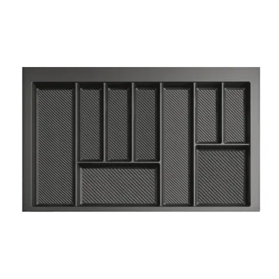 Produktbild von Besteckkasten für 80 cm Schublade Graphit Matt – Zuschneidbar (B: 69-75 cm x T: 42-49 cm) – Besteckeinsatz Anthrazit – 9 Fächer