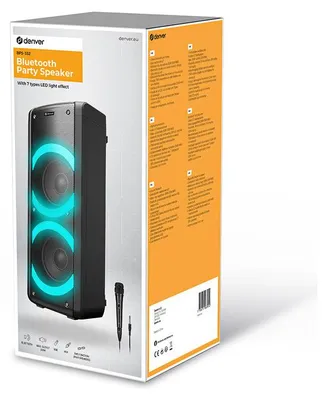 The image shows the retail packaging of a Denver Electronics Bluetooth Party Speaker.