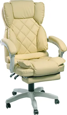 A beige office chair with a footrest is shown against a white background.