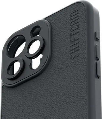 Close-up of the back of a black iPhone case with a camera lens attachment.