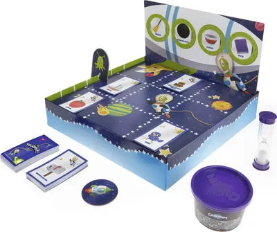 A board game with a space theme, including cards, a game board, and other game pieces.
