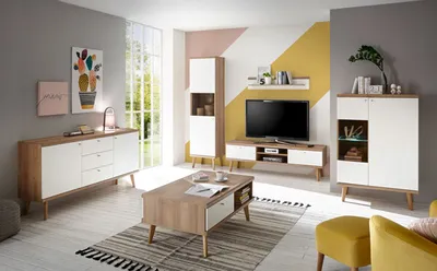 Produktbild von Wohnzimmer Set Merle 460cm eiche riviera / weiß matt Wohnwand Couchtisch
