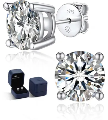 Productafbeelding van Oorbellen met moissanit, zilver 925, dames, 3 karaat, 7,5 mm, vierkant montuur, hypoallergeen, cadeau