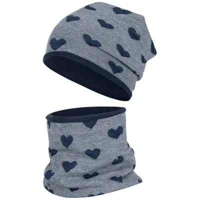Produktbild von Wintermütze + Schlauchschal Mädchen Winterset Beanie Snood, Dunkelblau-Herz, Gr. 50-52