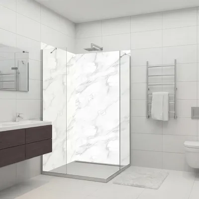 Produktbild von dedeco Eck-Duschrückwände Aluminium wasserfest Motiv: Marmor V4, 2 x 100x200x0,3cm, Fliesenersatz fugenlos Wandverkleidung Wandpaneele,  Germany