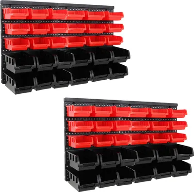 Two wall-mounted storage rack systems with red and black bins.
