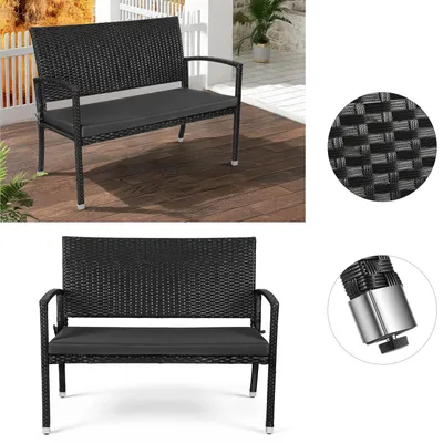 Immagine prodotto di Panchina da giardino in polyrattan Eikuavon, nera, a 2 posti con cuscino, panchina da esterno per veranda, balcone e terrazza