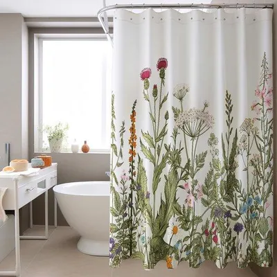 Produktbild von Unyqoos® Wasserabweisender Duschvorhang mit Waldblumenmotiv und Ringen, 180 x 200 cm