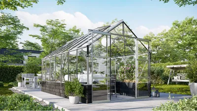 Produktbild von Vitavia Gewächshaus "Cassandra 11500" aluminium eloxiert 11,5 m² mit Sockelmauer in basalt, 3 mm ESG