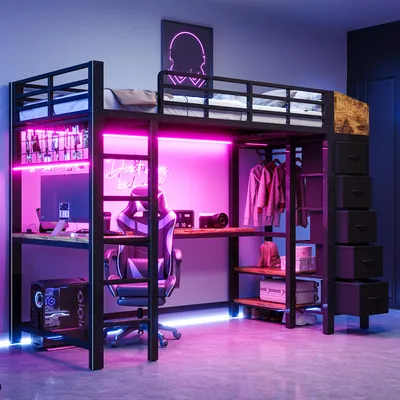 Produktbild von Flieks Etagenbett 90x200cm mit Stoffschubladen und Ablagefächern, Hochbett mit Led und Ladefunktion, Kinderbett Jugendbett mit Schreibtisch, Schwarz