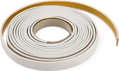 A roll of white adhesive edge banding tape on a cardboard core, with a yellow adhesive strip visible on the outer edge.