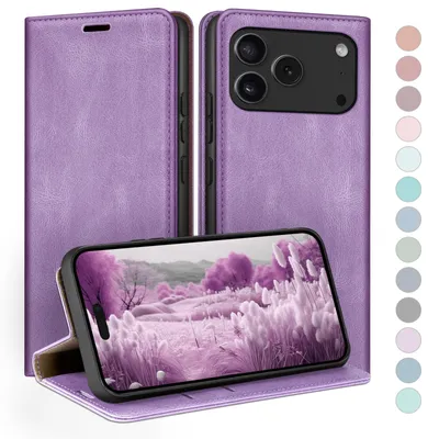 Produktbild von HUOUH für iPhone 18 Pro 6.3" Hülle mit RFID Schutzhülle aus Lederhülle Handyhülle,Kartenfach Leder ständer Handy hülle,360 Grad Schutz Cover für Apple 18 Pro Klapphülle Wallet Case Flieder Lila