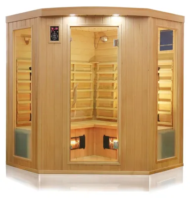 Zdjęcie produktu dla Dewello kabina na podczerwień sauna na podczerwień HALEY 160 cm x 160 cm z promiennikiem pełnozakresowym, grzejnikiem podłogowym i akcesoriami