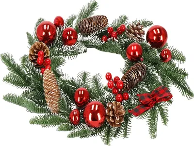 Image de SPRINGOS Couronne de Noël 50 cm Couronne décorative de porte en plastique avec pommes de pin et boules de Noël