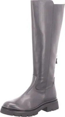 A single black leather boot is shown against a white background.